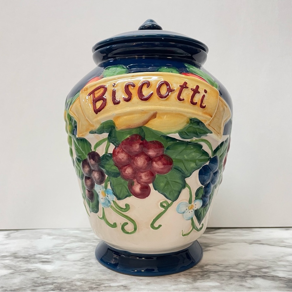 Vintage Nonni’s Biscotti Blue Cookie Jar With Lid Hand Painted Fruit and Vines